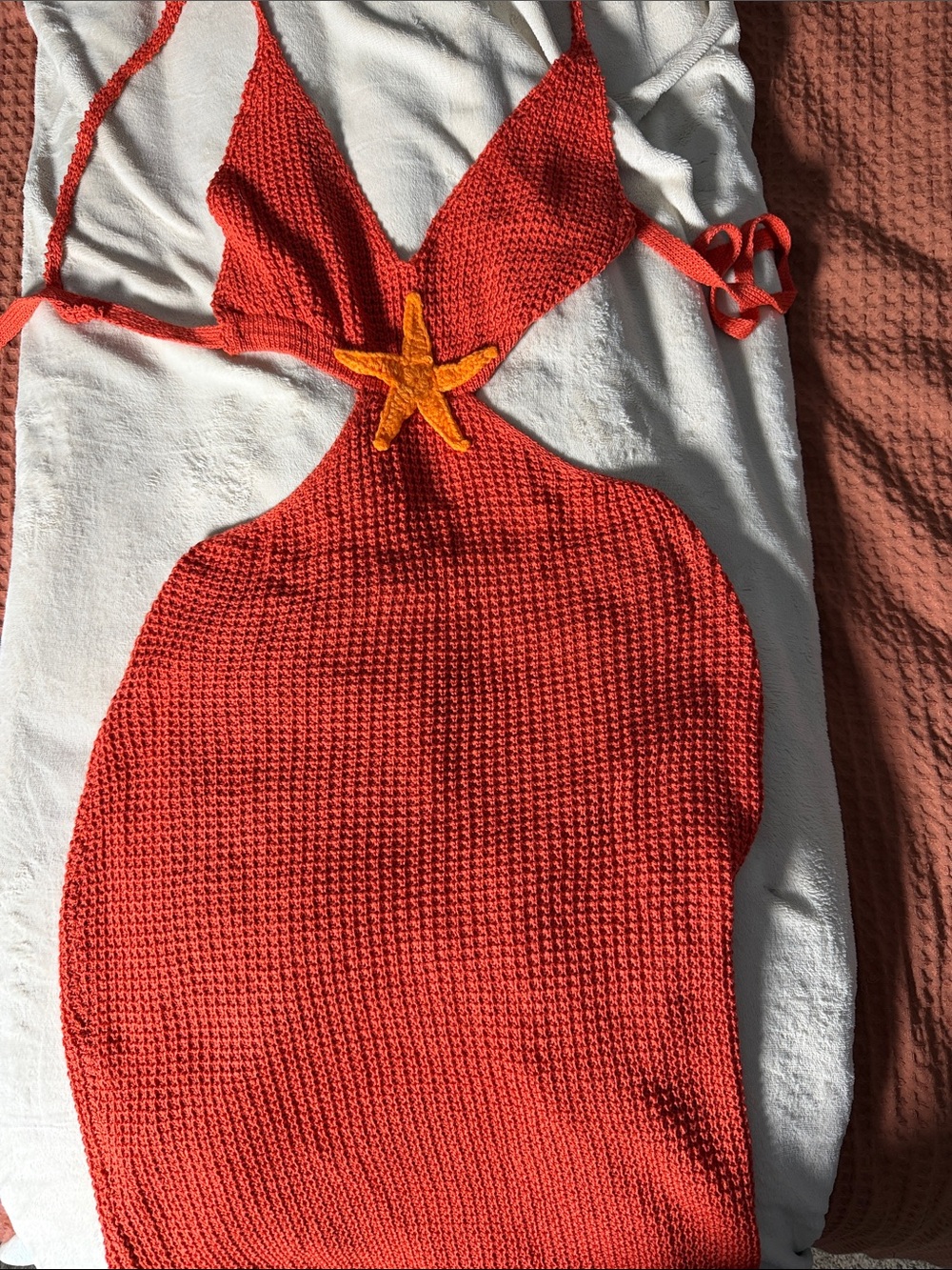 Cupshe Red Crochet Swim Coverup with Yellow Starfish Detail